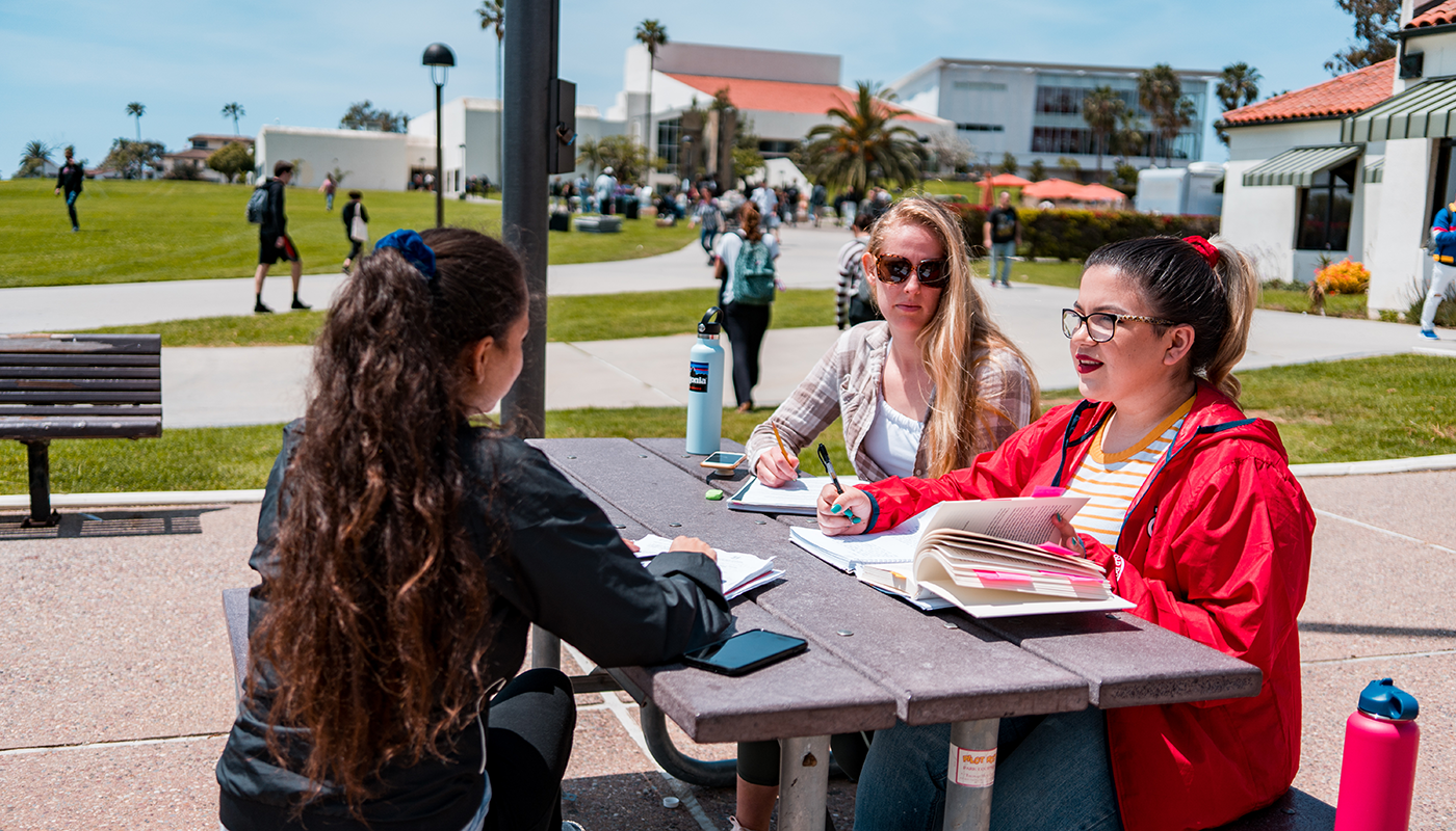 SBCC Students studying on West Campus lawn on sunny day